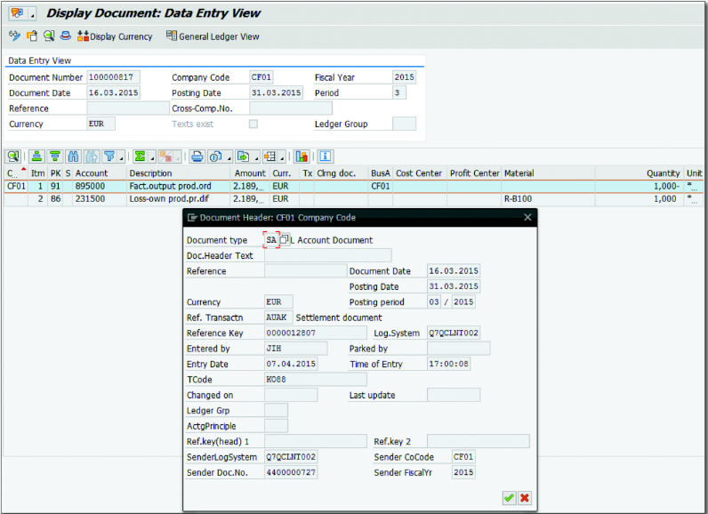 Journal Entry in Central Finance Showing Link to Local System